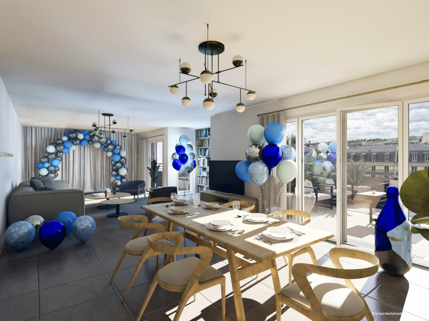 Vue 3d d'un appartement pour une fête d'anniversaire par Arnaud Deschamps.